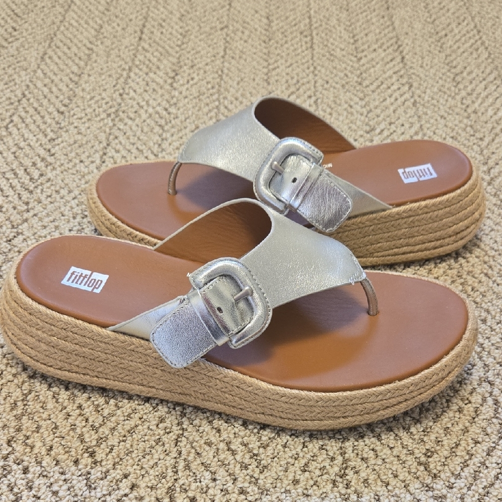 FitFlop F-Mode Espadrille Platform Wedge Flip Flop Silver - Picture 2 of 10